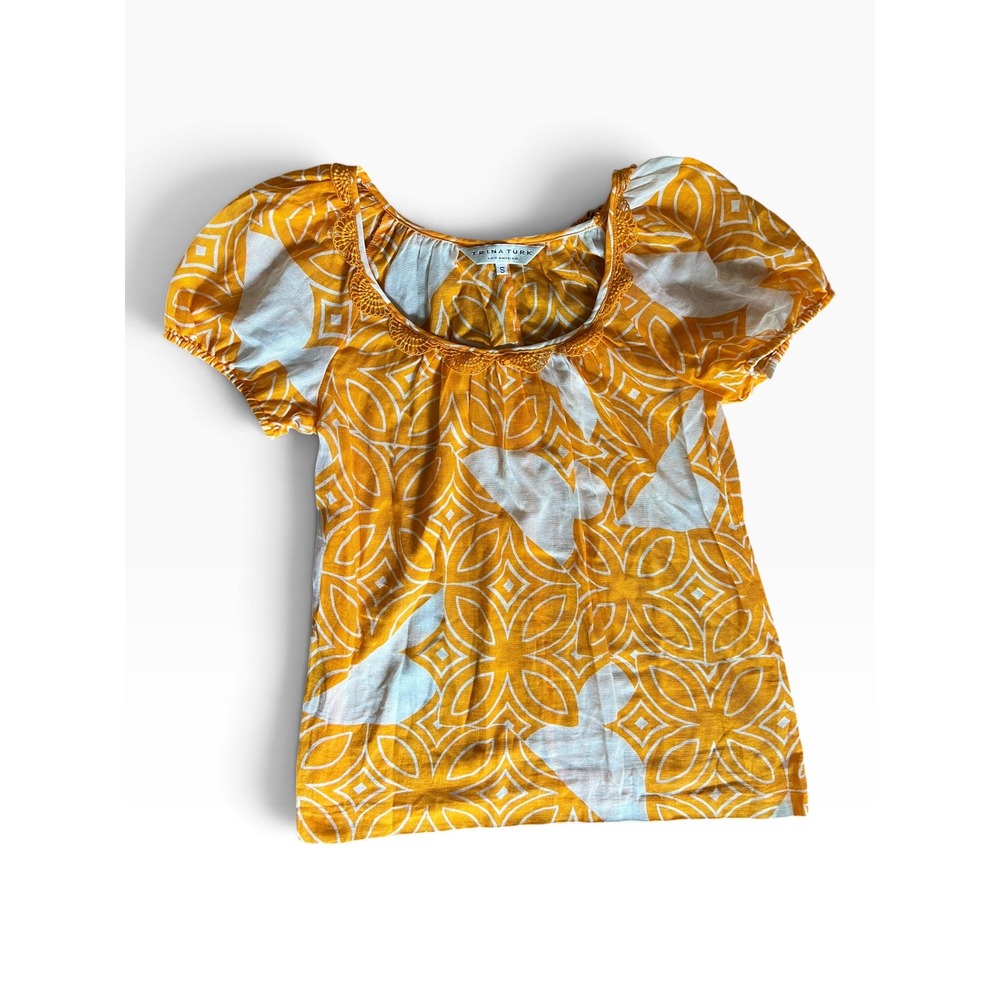 Trina Turk Orange and White Geometric Floral Trim Puff Sleeve Blouse Size Small